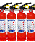 Four Pack Dry Chemical Fire Extinguisher 2.5 Pound With 1A 10B C Rating Quick Release Handle Grab And Go Ready For Home Office Boat And Truck Perfect For Electrical And Grease Fires, showing four red extinguishers with labels.