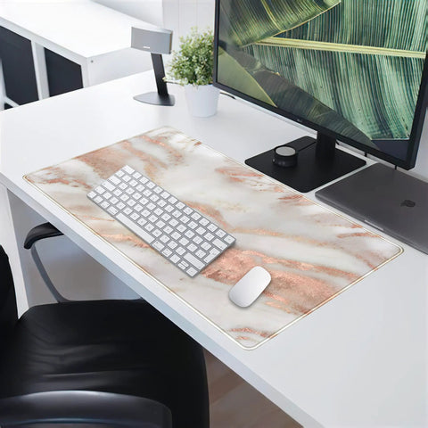 Rose Gold Marble Desk Pad For Mega Size 31.5 By 15.75 Inch Setup With Ultra Smooth Lycra Surface Ideal Mouse Pad Keyboard Mat