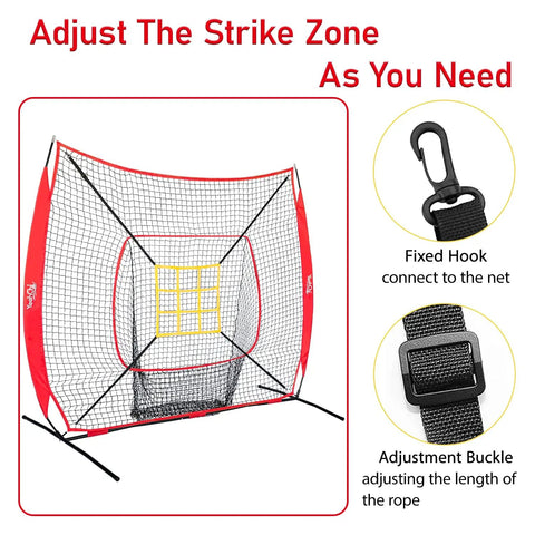 7x7 Ft Baseball And Softball Training Net With Adjustable Batting Tee Strike Zone Target Ground Stakes And Portable Hitting And Pitching Practice Set In Red For Backyard And Park Play