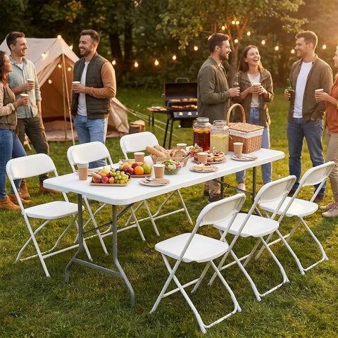 6 Foot Folding Picnic Table Built for On The Go Camping Picnics Parties and Kitchen Use with food setup outdoors