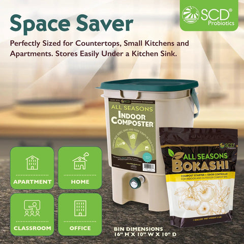 Indoor Composter Starter Kit For Kitchen With 5 Gallon Tan Bin Lid And Spigot Plus 1 Gallon Bag Of Dry Bokashi Bran