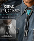 Hand Braided From Premium Genuine Leather This Adjustable Turquoise Bolo Tie worn over denim shirt, showcasing stylish western flair.