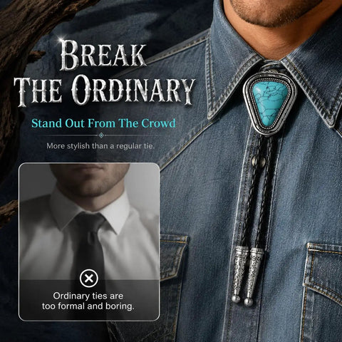 Hand Braided From Premium Genuine Leather This Adjustable Turquoise Bolo Tie worn over denim shirt, showcasing stylish western flair.