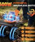 Cordless Electric Tiller Cultivator With 21V Battery showcasing 600W brushless motor in garden soil, 360RPM power and efficiency features.