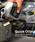 Pro Perfection Heavy Duty Vacuum Pump Oil For AC Service And Refrigerant Recovery 4 Pack 330ml Each Anti Foaming Blend being poured into a vacuum pump.