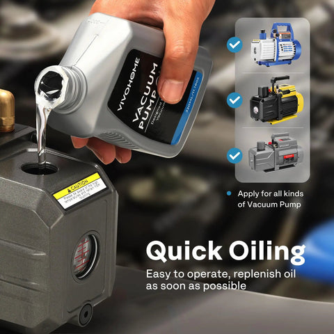 Pro Perfection Heavy Duty Vacuum Pump Oil For AC Service And Refrigerant Recovery 4 Pack 330ml Each Anti Foaming Blend being poured into a vacuum pump.