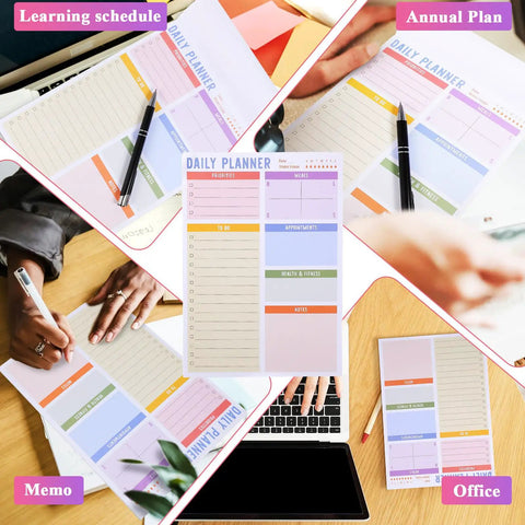 Portable Memo Pad Notebook For Daily Use With No Residue After Tearing shown with colorful daily planner sheets