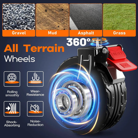 Close-up of 360-degree all-terrain wheel for High Capacity 220L Collapsible Wagon Cart With 38 Inch Long Foldable Design in Green.