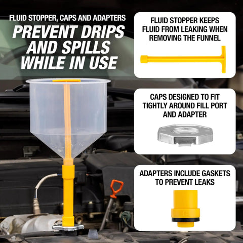 No Spill Coolant Funnel Kit 15 Piece Set For Easy Leak Free Radiator Refills With access to adapters and stopper details