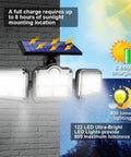 Heavy Hitter Solar Motion Sensor Light With Three Swivel Heads And Solid IP65 Water Resistant Build For Serious Yard Security On Your Driveway Patio Or Garage Wall with solar panel and LED details