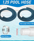 2 Pack 1.25 Inch By 59 Inch EVA Pool Replacement Hoses With 2026 Upgrade Flexible Tube Heads And 4 Metal Clamps For Above Ground Pools Heavy Duty Pump Hose Blue shown with clamps on a pool background.