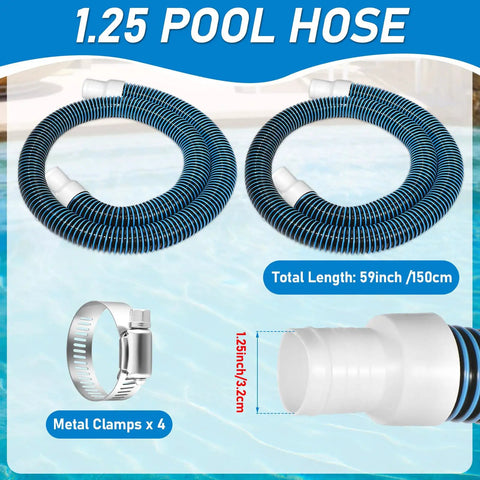 2 Pack 1.25 Inch By 59 Inch EVA Pool Replacement Hoses With 2026 Upgrade Flexible Tube Heads And 4 Metal Clamps For Above Ground Pools Heavy Duty Pump Hose Blue shown with clamps on a pool background.