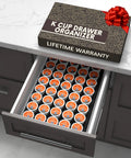 40 Pod K Cup Drawer Organizer for Kitchen Drawers neatly storing K Cups in an open kitchen drawer with box on countertop.