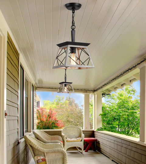 Farmhouse Style Pendant Light Fixture For Dining Room Hallway Entryway And Kitchen Island 1 Light Industrial Chandelier With Oak White Frame And Black Matte Iron Finish UL Listed For Indoor Living Spaces