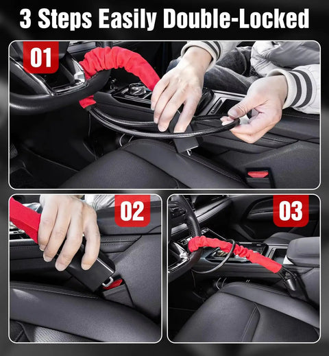 Beefy Braided Steel Anti Theft Steering Lock With Drill Resistant Cylinder High Visibility Deterrent in use, securing car interior.