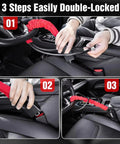 Heavy Duty Steel Cable Steering Wheel Lock For Chevy Volt Bolt EUV Blazer EV shown in three easy double-lock steps.