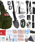 251 Essentials Survival Gear Kit With Crossbody Bag All In One Emergency First Aid And Outdoor Gear For Earthquakes Hiking Camping And Adventure A Prepper Grade Gift For Men And Women This Christmas, showing tools, first aid supplies, and survival items.