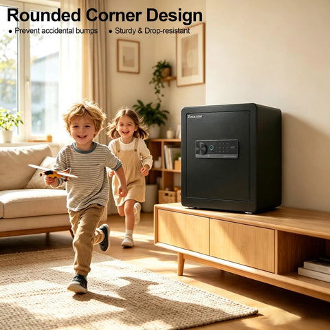 Beefy Biometric Fingerprint Safe With Fireproof Waterproof Steel Construction And Backlit Digital Touchscreen Interface for secure storage beside children playing.