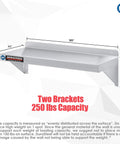 Heavy Duty Wall Mount Shelf 36 Inch Wide by 14 Inch Deep Stainless Steel Floating Shelves NSF Certified for Commercial Kitchens, Laundry Rooms, Garages, and Food Trucks; 18-Gauge Steel Holds Up to 250 Lbs, showcasing two brackets and 250 lbs capacity.