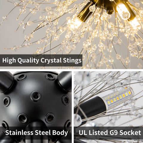 Modern Crystal Sputnik Chandelier With 9 Lights In Black Finish Firework Dandelion Style Ceiling Light Fixture For Bedroom, Living Room, Dining Room, Kitchen Island, And Hallway A Bold Showstopper