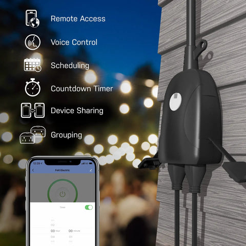 Smart Wifi Enabled Dual Outlet Wall Plug For Outdoor Use 120V 15A Control From Anywhere With App 2 4 GHz WiFi Share Access No Fuss Scheduling For Seasonal Outdoor Lighting And Home Automation