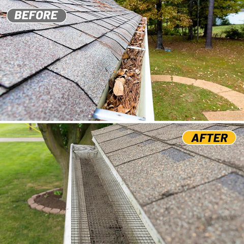 Hella Sturdy 5 Inch Stainless Steel Mesh Roll For Rain Gutters Solar Panels Rust Proof Leaf Deterrent And Critter Screen showing before and after gutter installation.