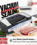 Pro Grade Vacuum Sealer Machine with Cutter Vacuuming Steak on Kitchen Counter