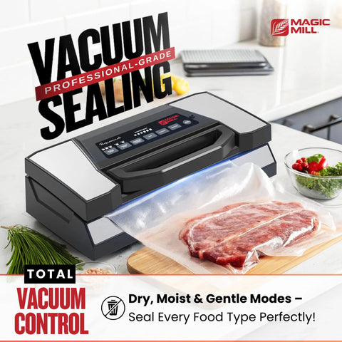 Pro Grade Vacuum Sealer Machine with Cutter Vacuuming Steak on Kitchen Counter