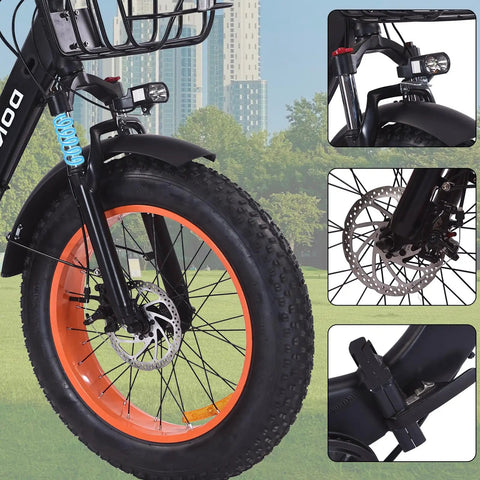 Foldable Fat Tire Electric Tricycle For Adults With 20x4.0 Fat Tires, 750W Motor, 48V 15Ah Removable Battery, Aluminum Frame, 3 Wheel Ebike, All Terrain Ready, 7 Speed, Built For Comfort On Sand Snow And City Streets, front wheel close-up