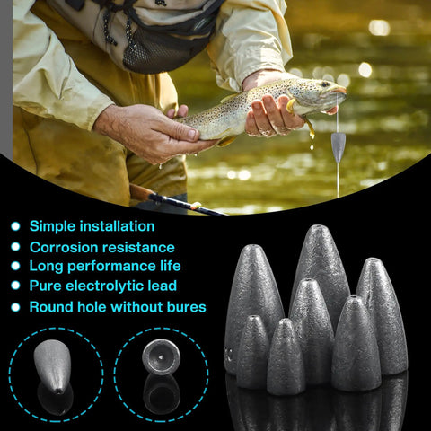 Bullet Fishing Sinkers Pack Set With Six Sizes From One Sixteenth Oz To One Half Oz Slip Sinker Worm Sinker For Bass Fishing Texas Rig Lead Weights That Drop Fast And Stay Durable 35 50 Pack Options displayed with six lead sinkers in varying sizes and a fisherman holding a fish in the background.