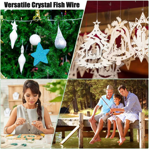 Clear Nylon Fishing Line For Hanging Decor And Crafts 0.8mm Thick Heavy Duty Picture Frame Wire With 70 Pound Strength 656 Feet And 100 Crimp Sleeves Perfect For Balloon Garlands And Photo Displays shown in versatile uses