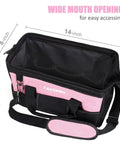 14-inch pink tool bag for women with wide mouth opening, adjustable strap, and multi-pocket design in durable 600D polyester.