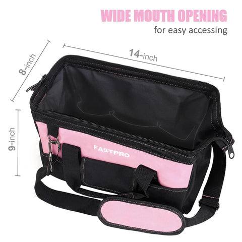 14-inch pink tool bag for women with wide mouth opening, adjustable strap, and multi-pocket design in durable 600D polyester.