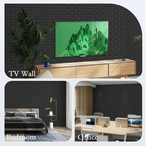 12 Pack Acoustic Panels Self Adhesive 3D Brick Pattern Sound Proof Wall Panels For Recording Studios Offices And Home Black Boost Echo Control And Get A Cleaner Room Vibe With High Density Polyester Absorption NRC Over 0.95 And Easy Sticky Mount on walls in TV room, bedroom, and office setup.