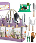 All In One 9 Piece Heavy Duty Garden Tool Set With Stainless Steel Hand Tools Purple Floral Tote Bag And Repotting Mat