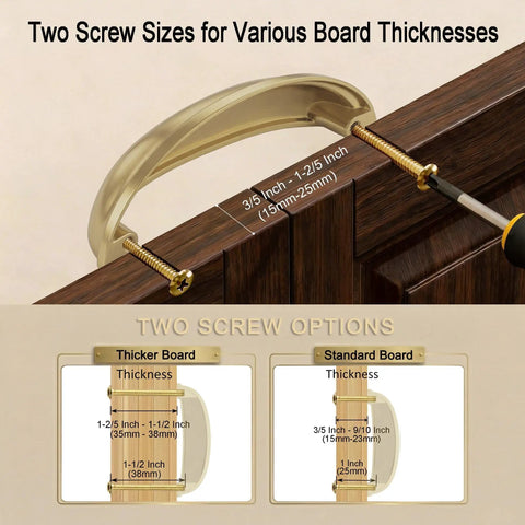 Top-Notch Solid Brass Cabinet Pulls With A Slick Brushed Gold Cup Look showing screw sizes for various board thicknesses.