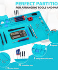 Silicone Soldering Mat With Magnetic Work Pad And 932 F Heat Resistance displaying tools and parts organized on compartments.