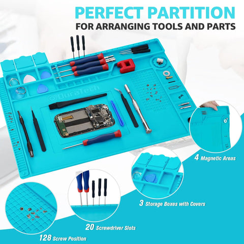 Silicone Soldering Mat With Magnetic Work Pad And 932 F Heat Resistance displaying tools and parts organized on compartments.