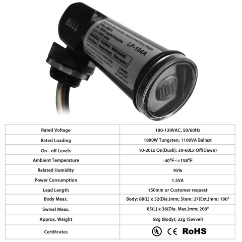Outdoor Dusk To Dawn Photoelectric Sensor With Swivel Mount and technical specifications table