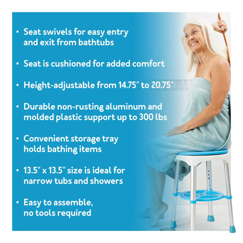 Elderly woman smiling while using a 360 Degree Swivel Bath Stool With Cushioned Seat And Storage Tray Adjustable Rotating Shower Chair.