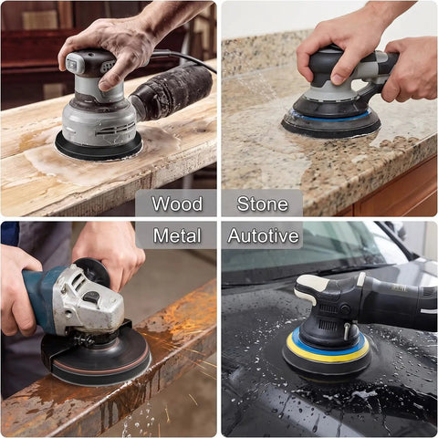 Get Ready To Polish Like A Pro With This Awesome 50 Piece 5 Inch Hook Loop Sanding Disc Kit Featuring 1000 To 5000 Grit Silicon Carbide Wet Dry Sandpaper For Smooth And Shiny Auto Body Work Results. Image shows sanding tools in use on wood, metal, stone, and automotive surfaces.