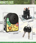 Image showing Dual Keys Ignition Kit with Starter Solenoid Relay for Riding Mowers, dimensions indicated.