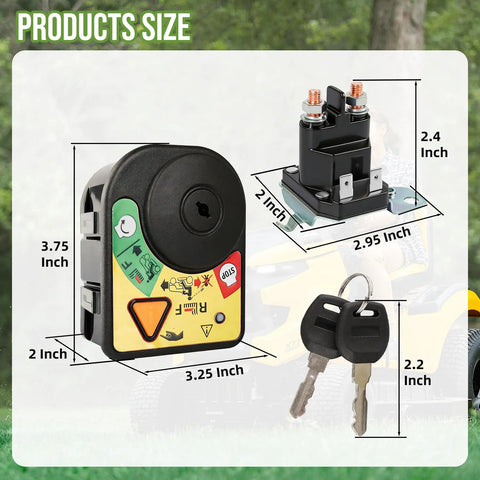 Image showing Dual Keys Ignition Kit with Starter Solenoid Relay for Riding Mowers, dimensions indicated.