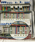 Electrical panel with colored wires, close-up shows screws and clips, fitting 24 Piece Wire Shelf Clip Kit With Screws And Expansion Tubes