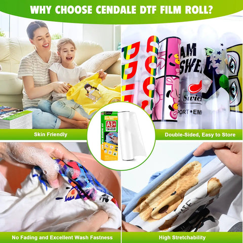 Collage showcasing DTF Transfer Film Roll 13 By 65.6 Feet Premium A3 Plus Double Sided Matte Clear Pre Treat PET Heat Transfer Paper