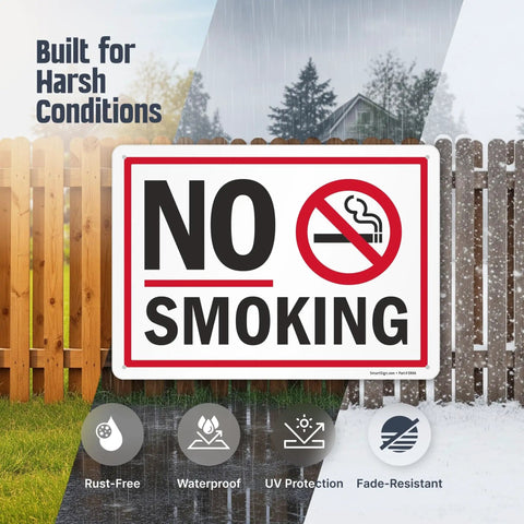 No Smoking Sign 10 By 14 Inch Aluminum Sign With Screen Printed Symbol 40 Mil Laminated Rustproof Aluminum For Indoor Outdoor Use Made In USA Easy Mount With Corner Holes displayed with weather icons, mounted on fence against two backgrounds.