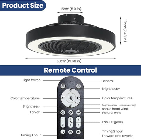 Enclosed 20 Inch Ceiling Fan With Lights And Remote Ultra Quiet Modern Low Profile DC Motor, remote and fan size chart.