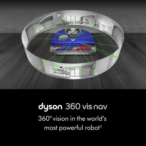 360 Vis Nav Robot Vacuum With Ridiculously Powerful Suction Twice The Power Of Other Bots On All Floor Surfaces Three Way Cleaning Brush Bar Wide Diameter To Cut Hair And Prevent Pet Hair Tangling Smart Navigation For Quick Mess Cleanup demonstrating its mapping technology with a simulated room view.