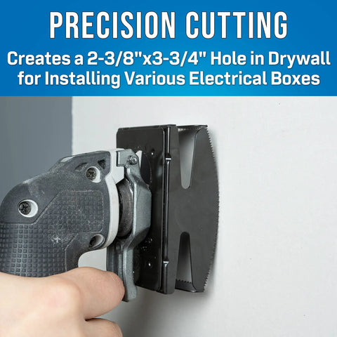 Power Oscillating Multi Tool For Quick Drywall Cuts And Single Gang Electrical Outlet Box Installations in use on wall.
