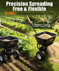 Heavy Duty Walk Behind Broadcast Spreader With 100 Pound Hopper And 13 Inch All Terrain Tires For Fertilizer Seed Salt Ice Melt And Big Yard Ready Lawn Care Adjustable Gate And Steel Frame being used in a vegetable garden